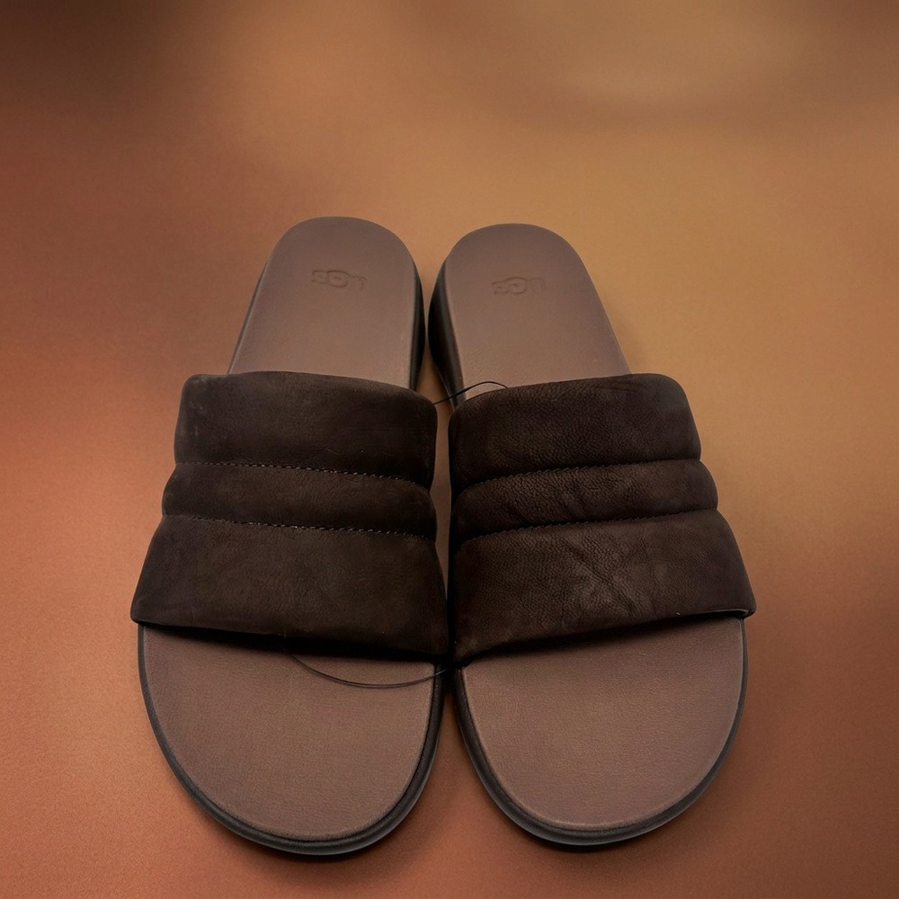 UGG Union Slide Mens 9 Chocolate Brown Leather Quilted Sandals 1158090 NWT